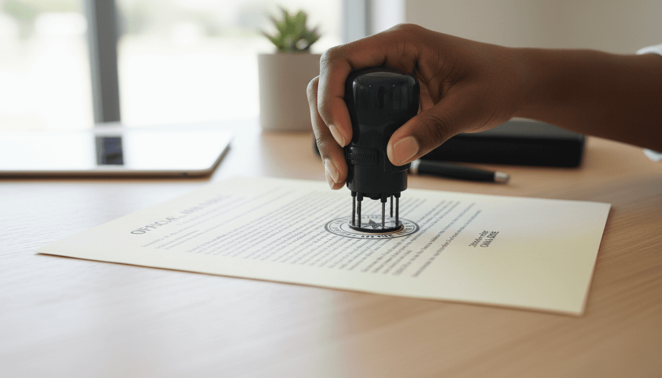 Close-up of a Black hand using a notary stamp on a document, professional setting