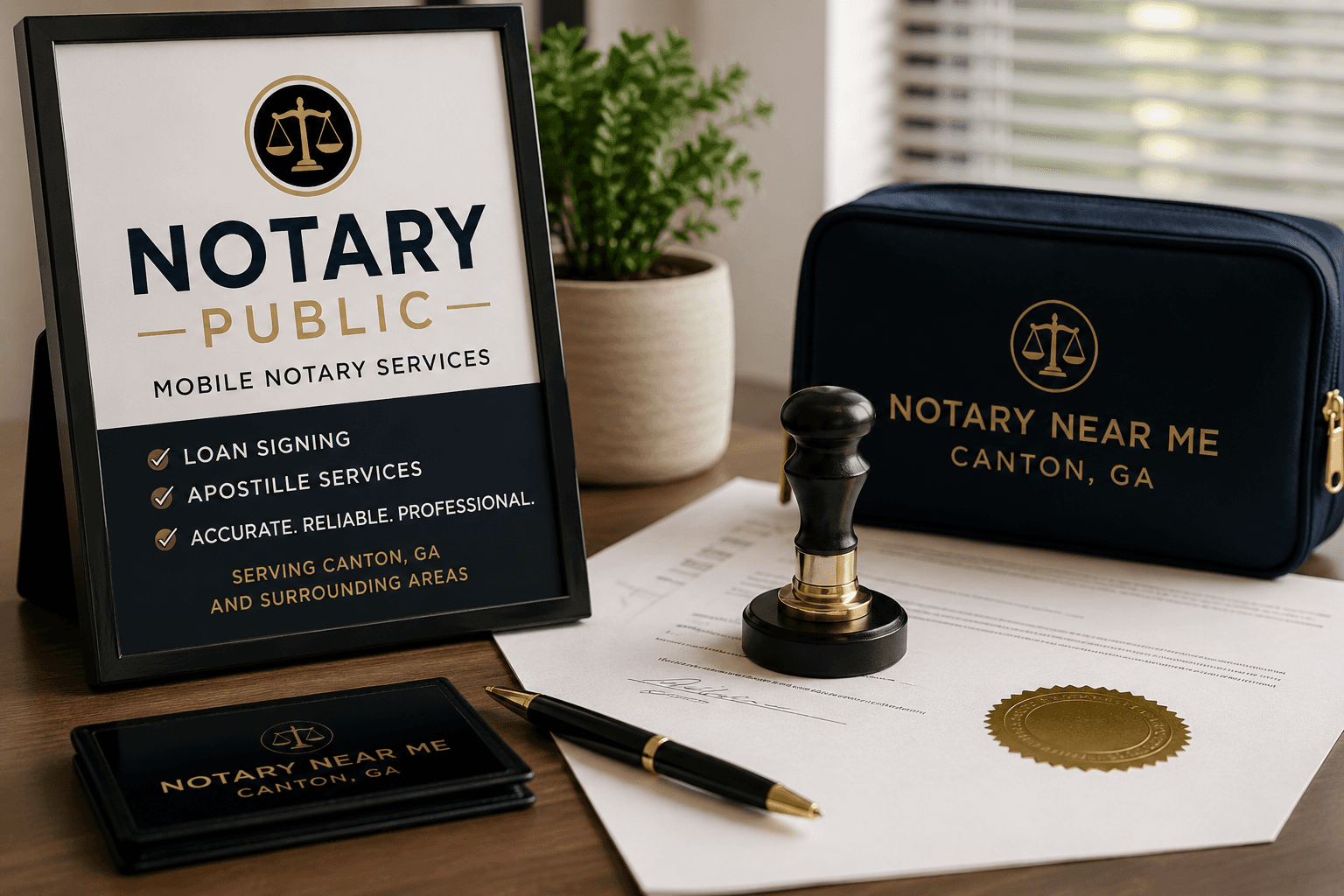 Mobile notary public sign, stamp, and document with gold seal in Canton, Georgia.